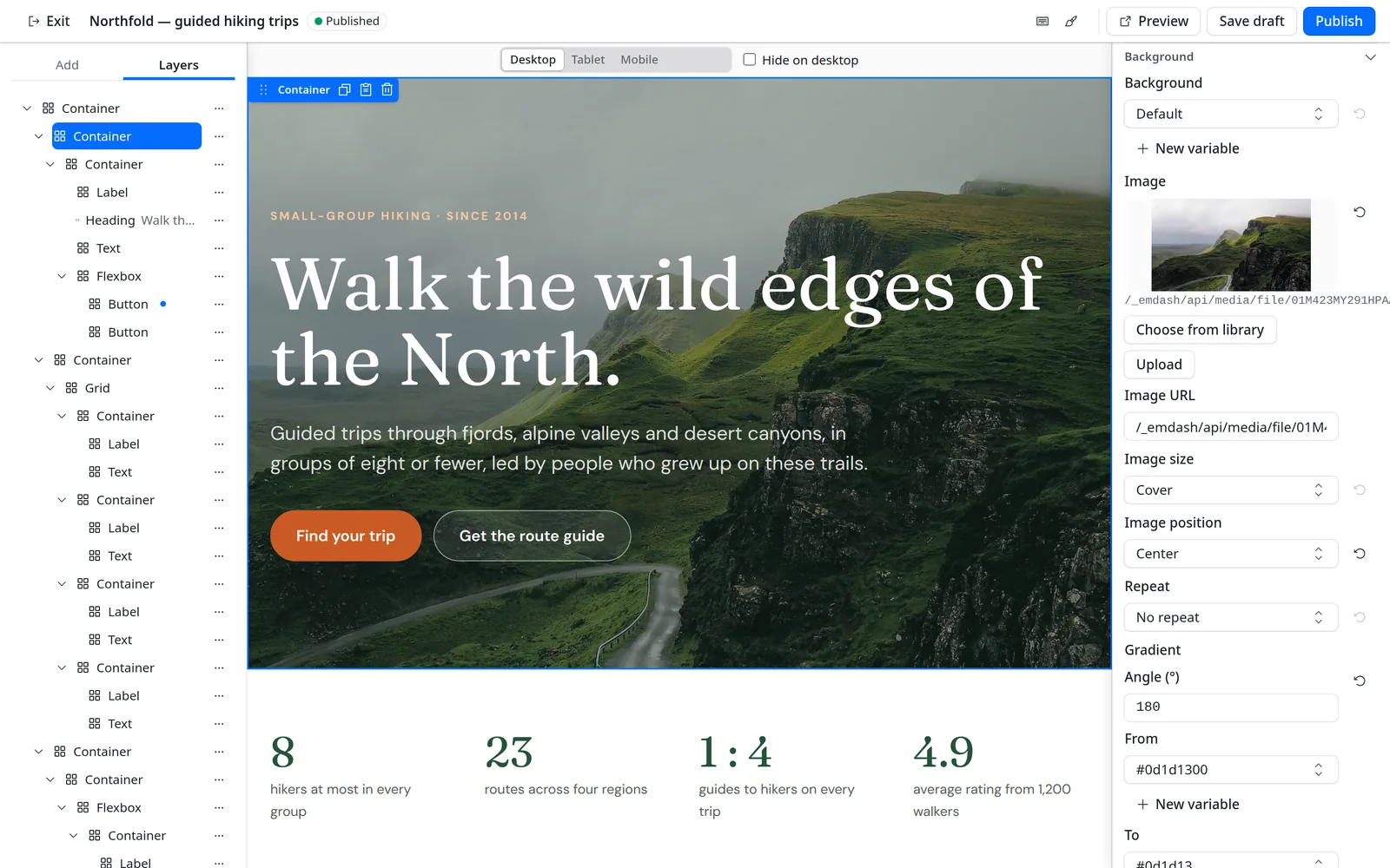 The hero section selected, with its Background panel showing an image from the media library, cover sizing and a gradient.