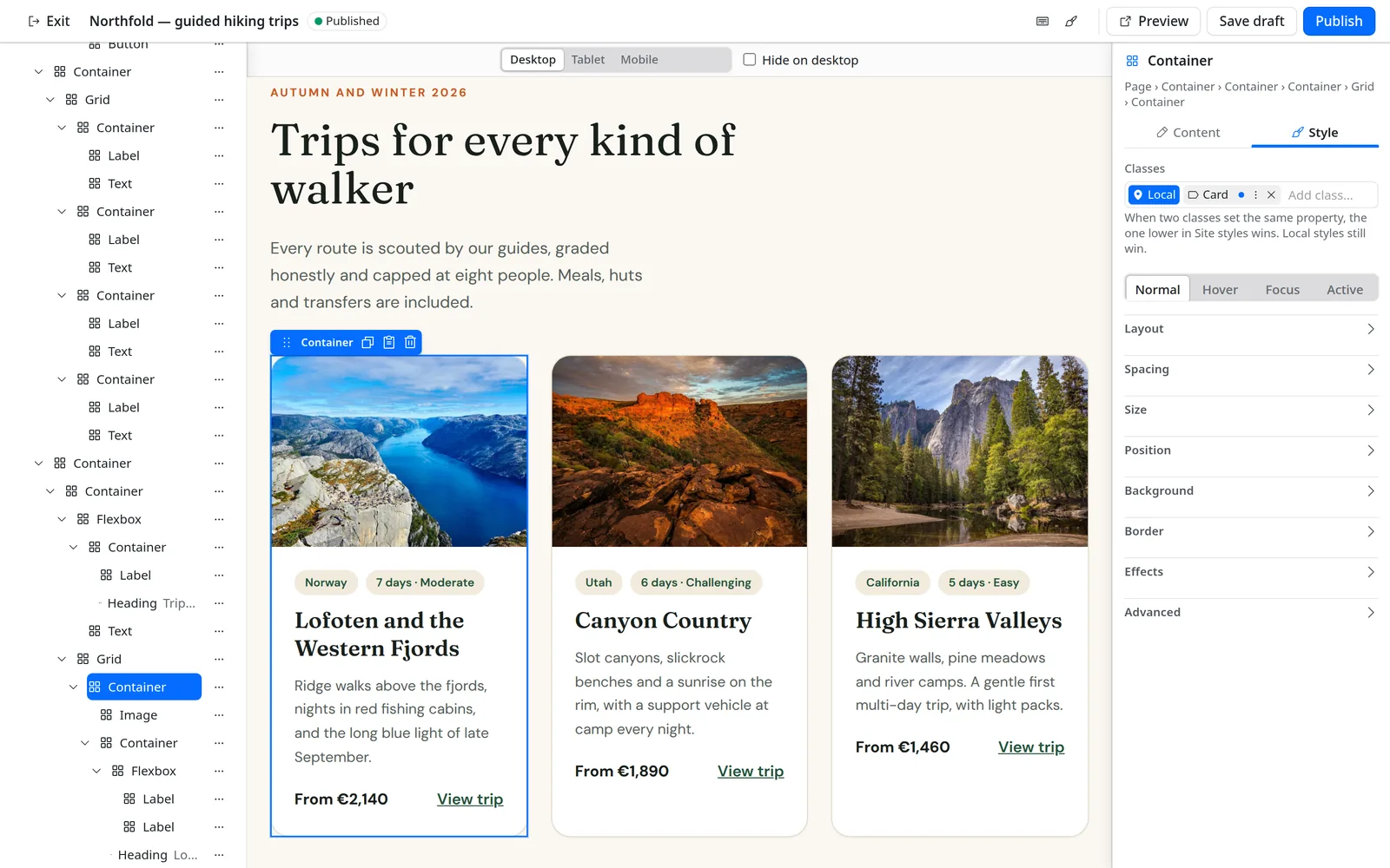 The EmVB editor: Layers tree on the left, a page with three trip cards on the canvas, a selected card with its Style panel on the right.