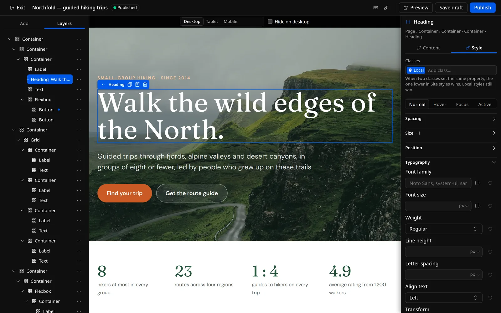 The EmVB editor in the EmDash dark theme, with the hero heading selected and its Typography section open.